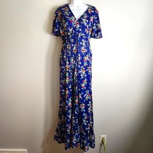 Floral Short Sleeve Tie Waist Maxi Dress-Size M